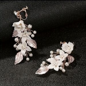 Elegant Silver Leaf Drop Earrings With Screw On Backs Silver & White